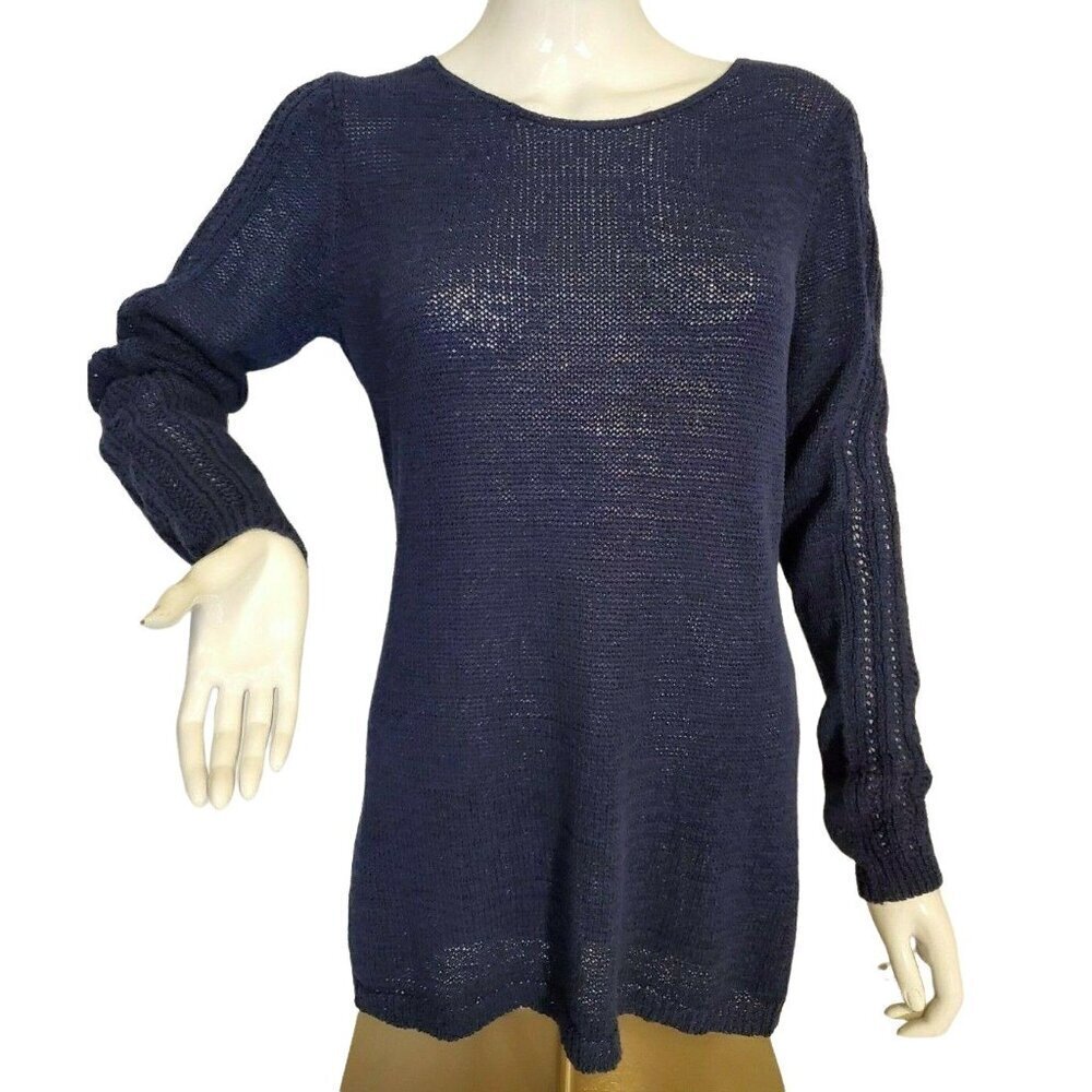 Rachel Zoe Navy Blue Open Knit Tunic Top Women L Long Sleeve Pullover Cotton